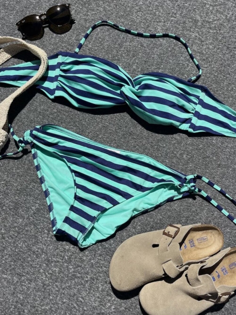 Mossimo Bikini Striped Blue and Teal, Size L both top and bottom, Removable Pads